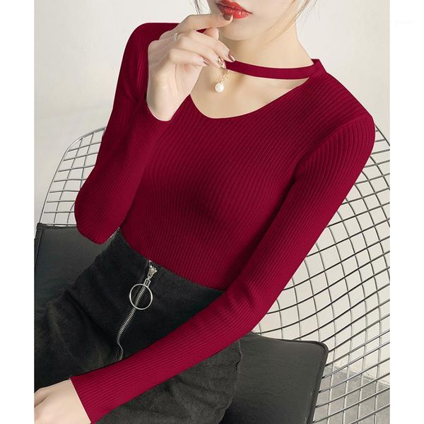 

v neck sweaters women 2019 autumn winter long sleeve slim solid streetwear knitted korean pullover burgundy1, White;black