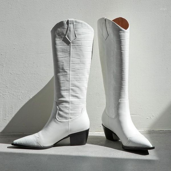 

boots fall leather women black white riding texture handsome pointed mid heel knee-hige ladies shoes slip-on mujer bombas1