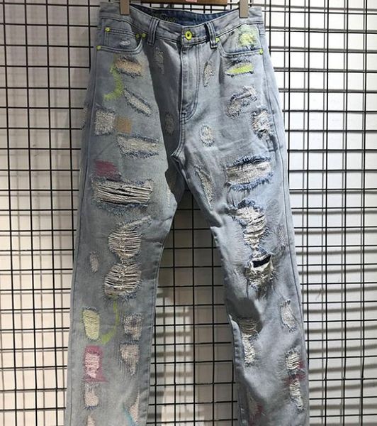 

high streetwear endless damage hole jean men women metal button zipper denim pants endless letter 3d printing jean, Blue