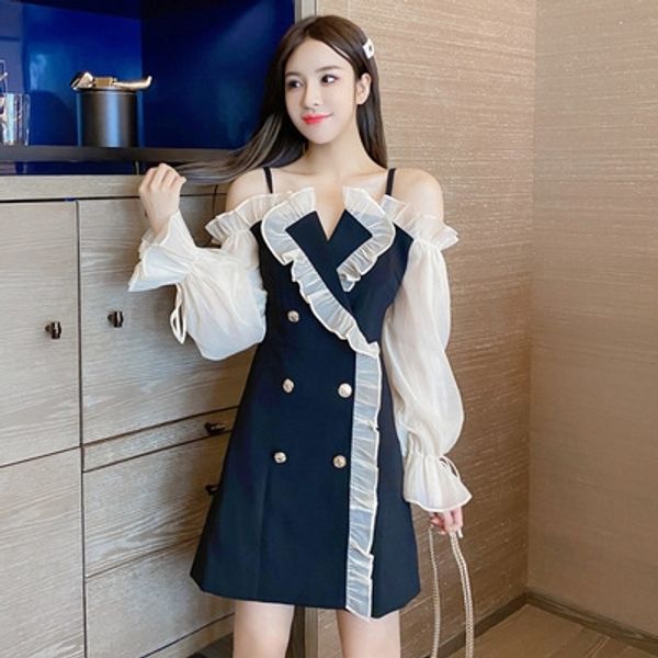 

early autumn 2020 new women's dress long waistband shows thin french trumpet early autumn horn horn 2020 new women's dress long sl, Black;gray