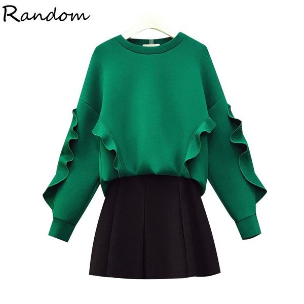 

women autumn winter skirt suit female ruff and skirt two piece set ladies elegant matching black green plus size outfits, Gray