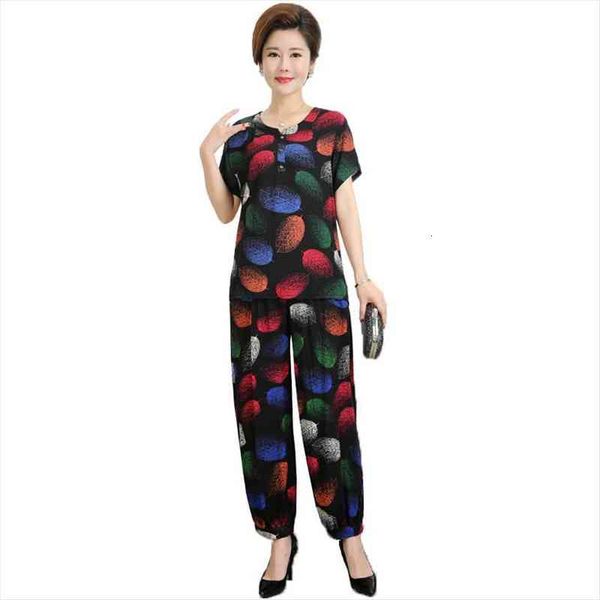

middle-aged and elderly womens sets spring summer short sleeve t-shirt trousers pcs pants suits mom elegant home service, Gray