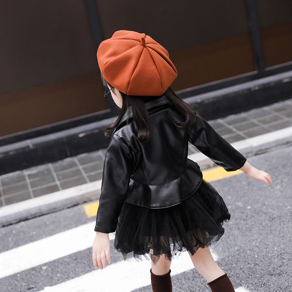 

girls pu jacket spring autumn children's motorcycle leather 1-5 years old fashion lotus leaf hem short boys coat cool all match 201104, Blue;gray