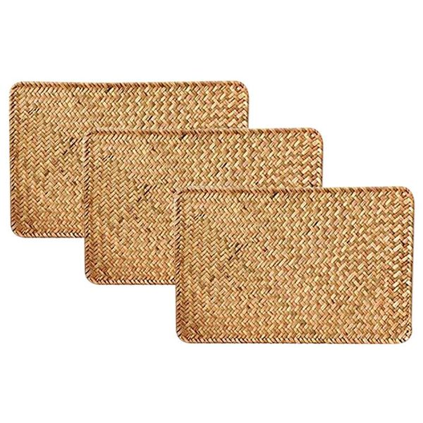 

mats & pads pack of 3, natural seagrass place mat, 17.7inch x 12inch, hand-woven rectangular rattan placemats