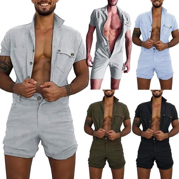 

men solid color short sleeve pockets button jumpsuit romper overall work clothes1, Gray