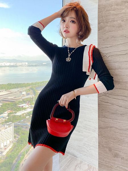 

fashion contrast stitching wood ear pit strip texture stretch slim knitted dress women's clothing 2020 early autumn new1, Gray
