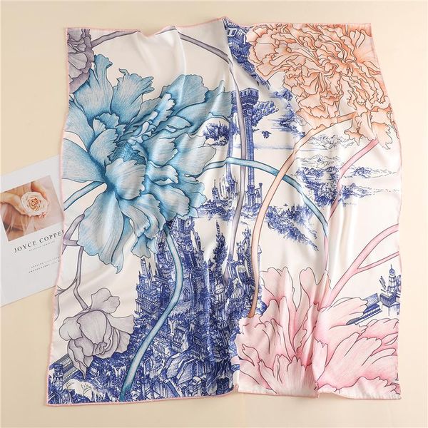 

2020 vrouwelijke foulard sjaal hijab vrouwen zijde vierkante sjaals pioen bloemenprint hoofdband halsdoek wraps bandana, Blue;gray