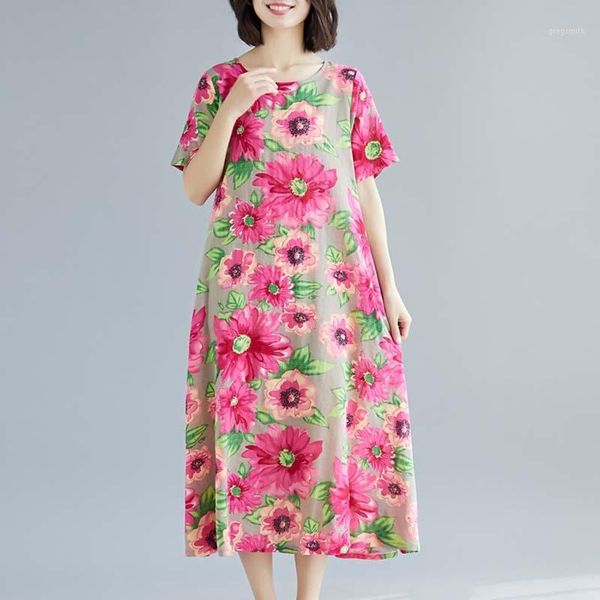 

women cotton linen dress 2019 summer casual floral print loose dress fashion o-neck short sleeve ladies midi beach1, Black;gray