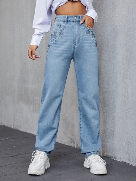 

rhinestone butterfly straight leg jeans e0qn#, Blue