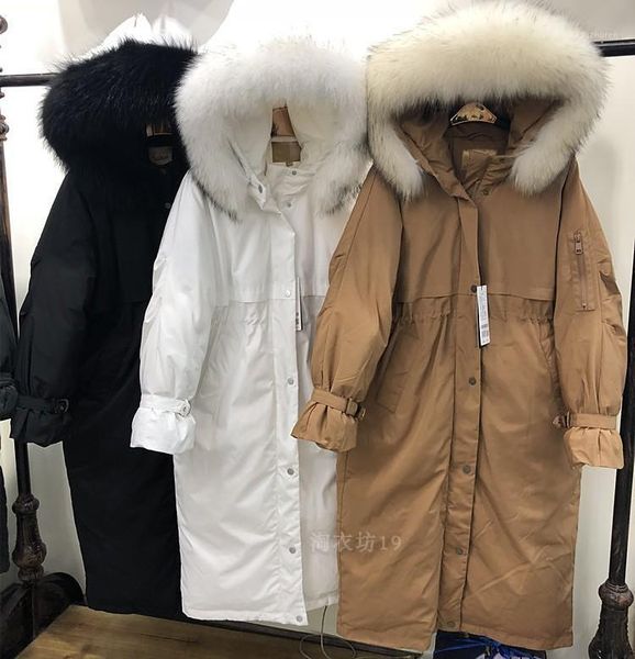 

winter white duck down jacket women hooded long coat raccoon fur collar warm womens down jackets brands 2020 kj30351, Black
