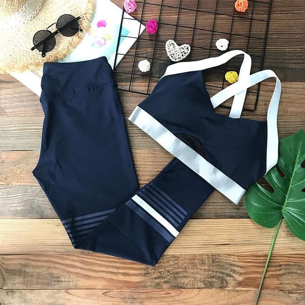 

women seamless yoga set navy blue striped gym clothing push up sports bra high waist yoga leggings workout fitness sports suit, White;red