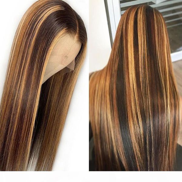 

straight highlight blonde color lace front human hair wigs pre plucked with baby hair brazilian remy hair 13x6 wig, Black;brown