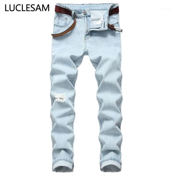 

men's jeans mens ripped elastic washed vintage for men casual streetwear hip hop hommes slim fit denim pants light blue 421