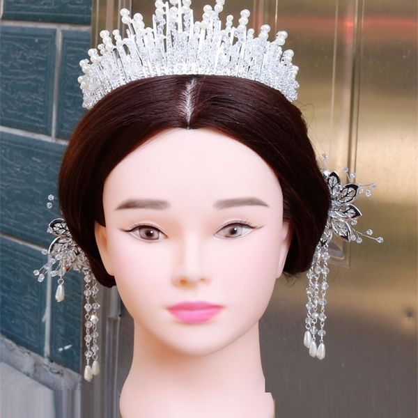 

new vintage multilayer luxury silver color crystal pearl tiara crown wedding hair accessories bridal party jewelry big headbands q1219, White;golden