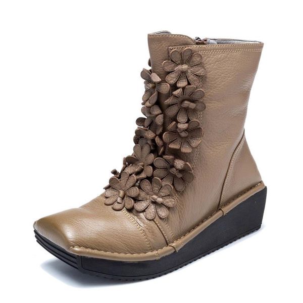 

italy runway flowers women wedges winter ankle boots gothic sequre toe casual genuine leather shoes 2020 new punk platform boots, Black