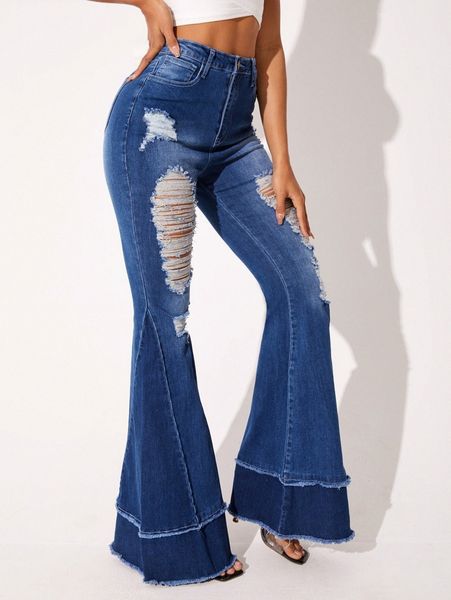

raw hem flared leg ripped jeans d3jv#, Blue