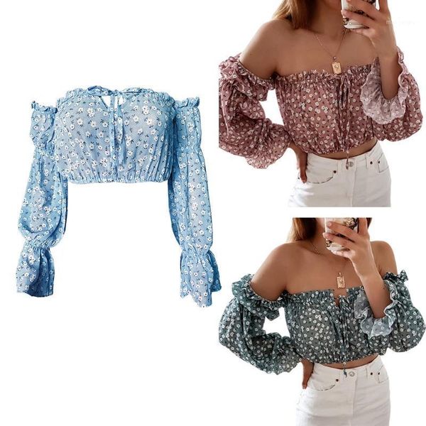 

women puff long sleeve floral t-shirt off shoulder tie neck ruffle crop, White