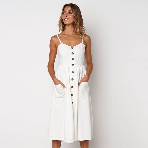 

2021 new white ladies patched button up cami women's spandex spaghetti straps sleeveless summer beach pocket boho dress bd1m, Black;gray