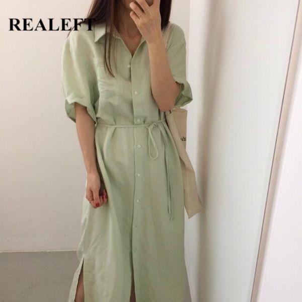 

realeft 2020 new women's summer dresses elegant solid chic shirt dress lace up single breated casual loose dresses female1, Black;gray