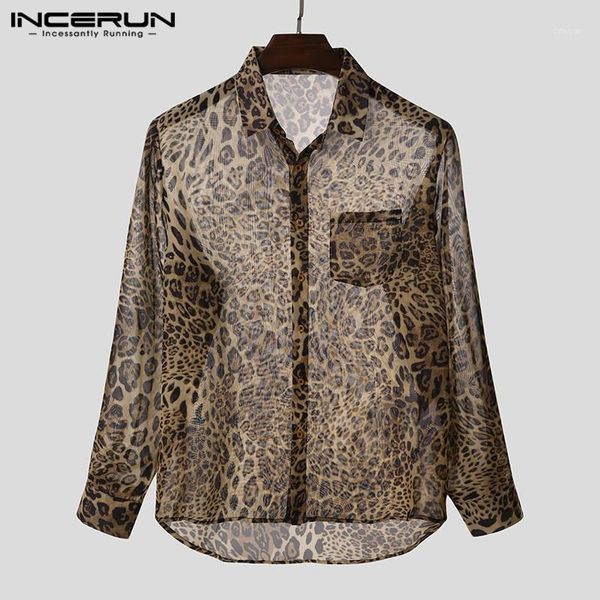 

leopard print men shirt transparent lapel long sleeve chic button party nightclub shirts fashion streetwear camisas incerun1, White;black