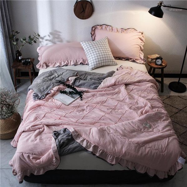 

1pc cute mechanical washed seersucker summer quilt blankets quilted bedspread lace comforter bed cover1