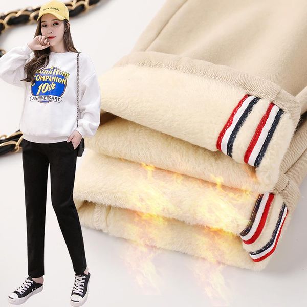 

2591# winter thick warm plus velvet maternity pants adjustable belly straight casual pants clothes for pregnant women pregnancy, White