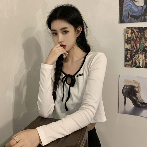 

foreign style lace up short tight skinny bottom and bottomt-shirt women's wear korean autumn navy blue heart machine long sleeve t-s, White