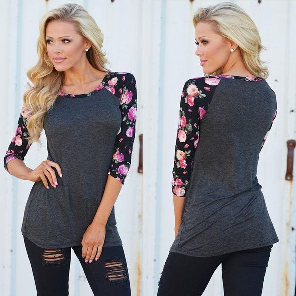 

wholesale-fashion womens 3/4 sleeve shirt casual floral loose cotton t shirt1, White