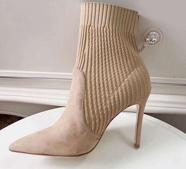 

boots 2021 brand design vintage suede women shoes winter short high heels pointed toe party elastic fabric shoe, Black