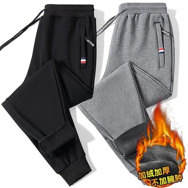 

men's pants autumn and winter 2021 new men's solid color casual pants fashion plush thickened casual versatile1, Black