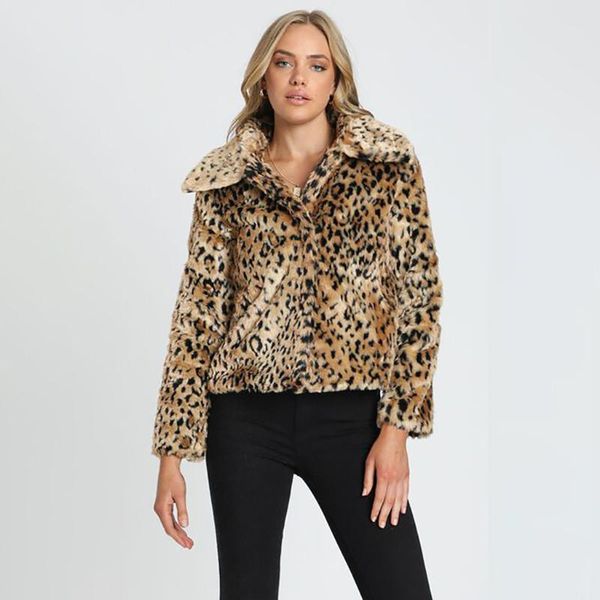 

womens ladies warm faux coat jacket winter turn down collar outerwear leopard print elegant style women winter warm jacket, Black