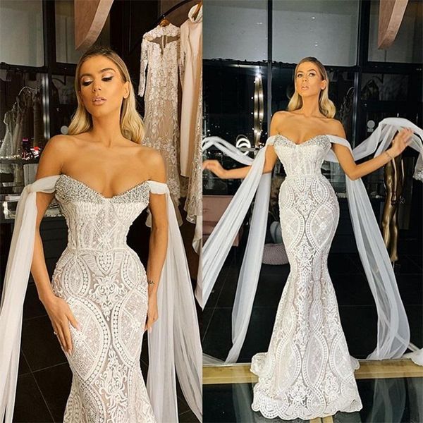 

chic 2021 mermaid wedding dresses full appliqued lace beads off-shoulder bridal gowns sweep train custom made robes de mariée, White