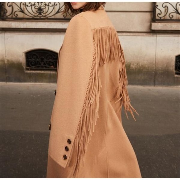 

woman camel color long 100% wool trench coat back long tassels sleeves front double breasted lapel collar fashion coats 201223, Black
