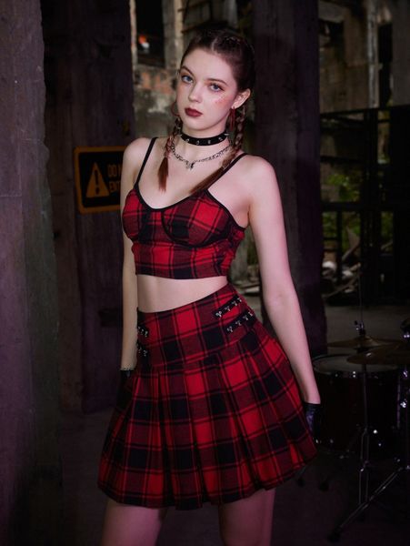 

romwe plaid crop cami & pleated skirt w8uv#, White