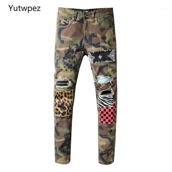 

2020 men's camouflage leopard patchwork stars printed jeans slim rivet holes ripped stretch denim pants plaid trousers1, Blue