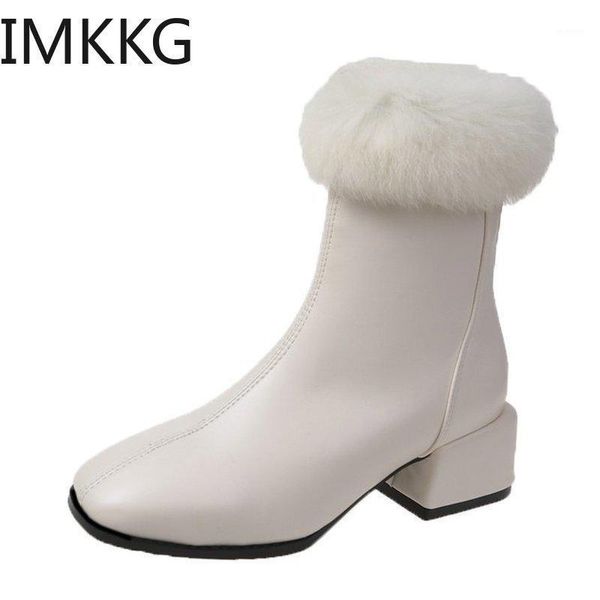 

2020 winter fashion plush women beige boots square head furry leather ankle boots high heels woman black booties1