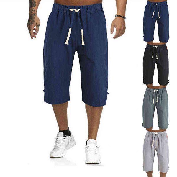 Хлопковые льняные брюки мужские повседневные свободные лески эластичные талии Capri карманные брюки дома дышащая мужская одежда G0104