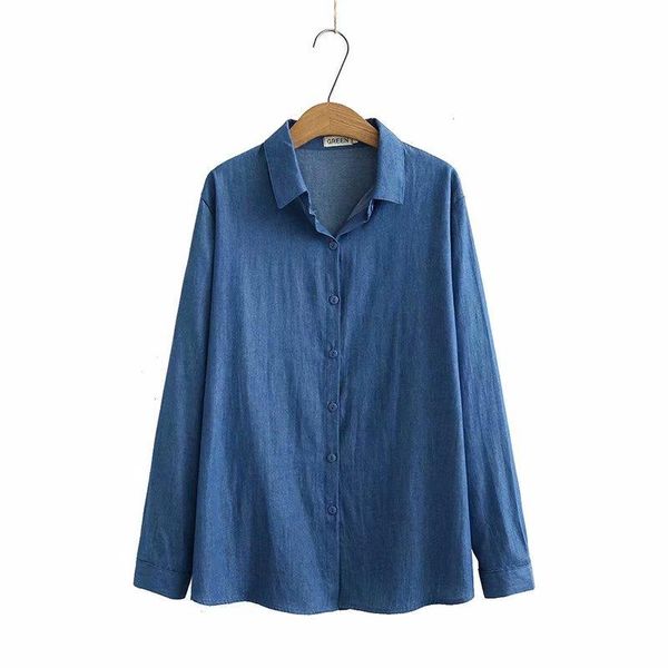 

women's blouses & shirts plus size solid blue cotton women loose 2021 spring autumn casual ladies soft jeans shirt female blouse, White