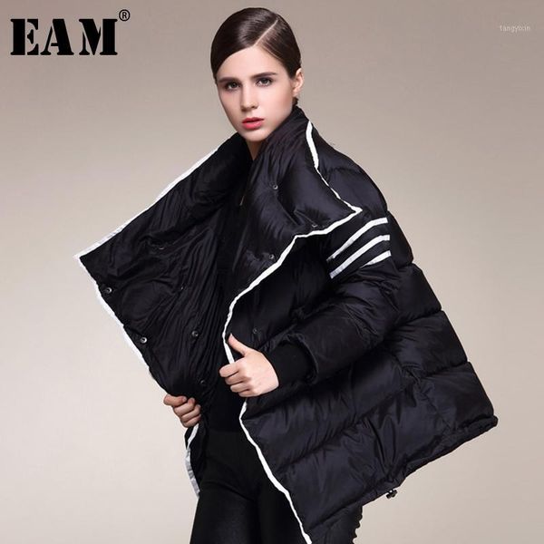 

eam] loose fit striped split big size down jacket new lapel long sleeve warm women parkas fashion autumn winter 2020 1b8101, Black