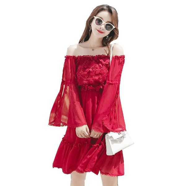 

summer dress 2020 korean ladies red chiffon beach dress off the shoulder dresses elegant vestido fashion new zl096, Black;gray