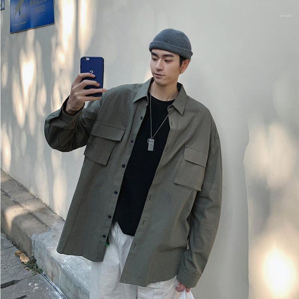 

spring casual shirt men's fashion solid color cotton social men dress shirt streetwear wild loose long-sleeved mens -2xl1, White;black