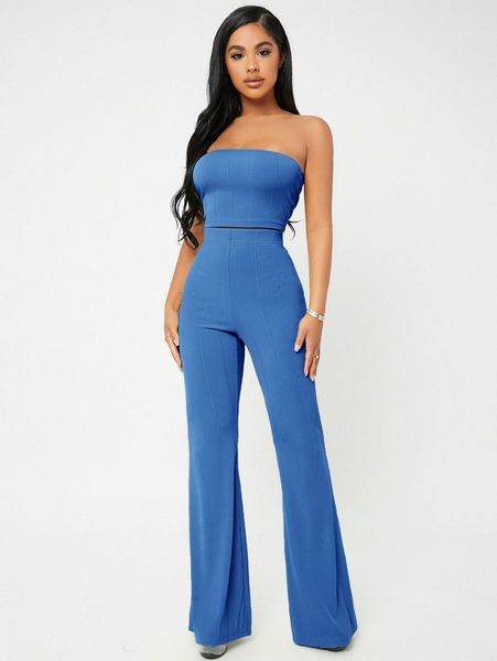

crop tube & flare leg pants set t6v2#, White