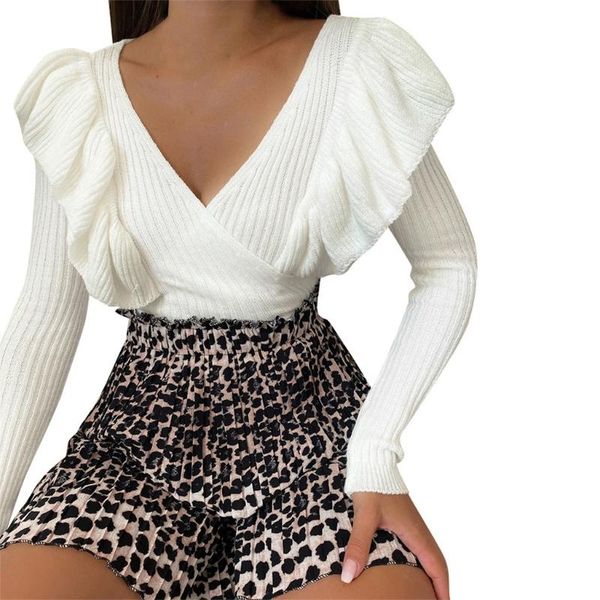 

women autumn long sleeve ribbed knit sweater ruffles wrap deep v-neck pullover solid color slim fit jumper shirt street, White;black