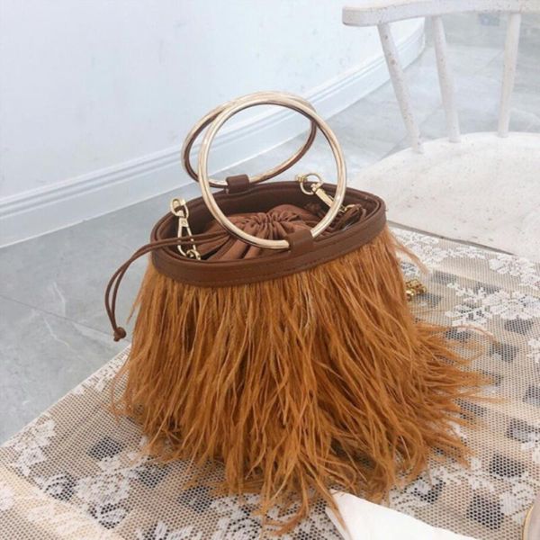 

vintage fashion ostrich tote bag women's designer winter handbag feather bucket bag shoulder messenger