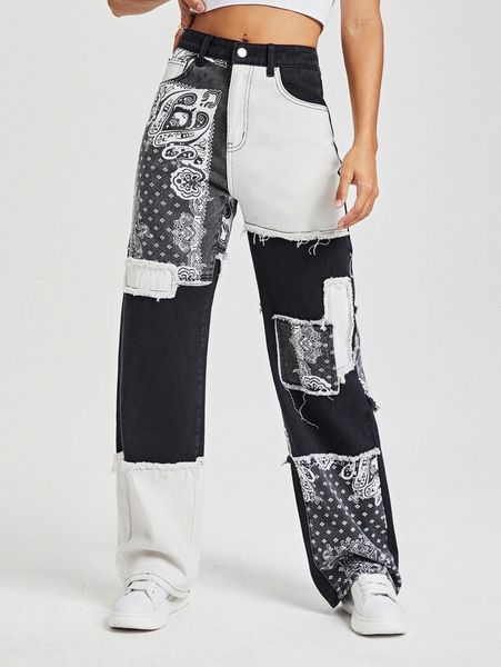 

paisley print patchwork print boyfriend jeans j9fz#, Blue
