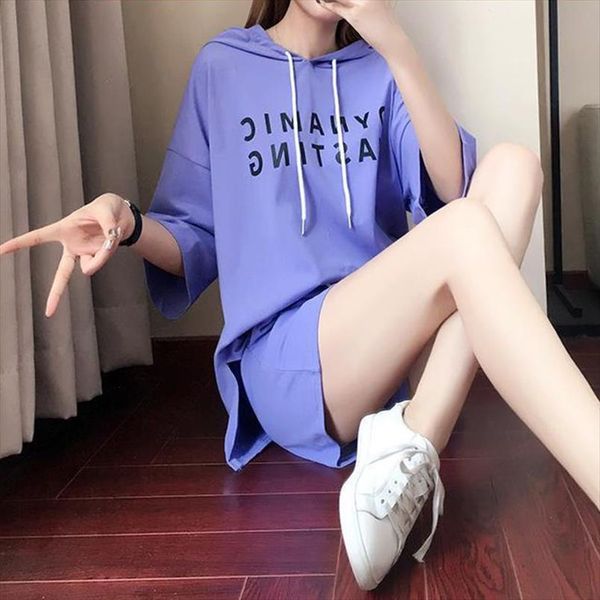

women 2019 summer loose simple letter print hooded short sleeved drawstring solid color shorts two piece female suit, Gray