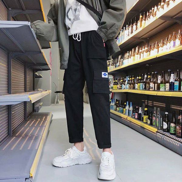 

2019 men vintage cargo pants 2018 mens hiphop khaki pockets joggers pants male korean fashion sweatpants winter overalls mens, Black