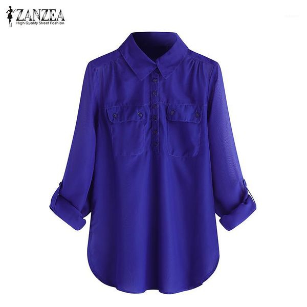 

women and blouses 2019 zanzea summer chiffon casual loose solid long sleeve turn-down collar pockets button formal shirts1, White