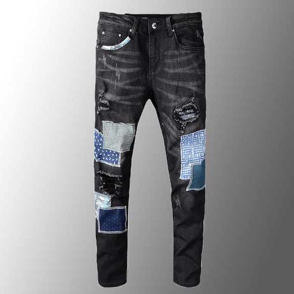 

classic mens jeans luxury men's black patchwork ripped jeans streetwear patch design stretch denim pants slim skinny trousers, Blue