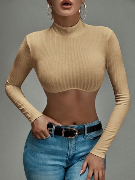 

sxy mock neck rib-knit crop l4s0#, White